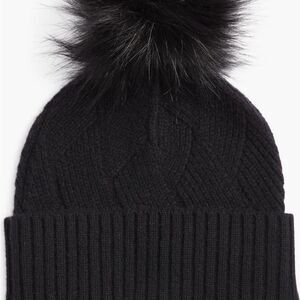 Nordstrom Faux Fur Cashmere Pompom Beanie, Black, 100% Cashmere NWT